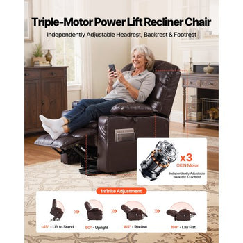 Power Lift Recliner Chair, Triple-Motor, Large Electric Lift Chair with Heat and Massage for Elderly, Infinite Position Adjustment, Leather Surface, with Storage Pockets and Cup Holders, Brown