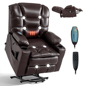 Power Lift Recliner Chair, Triple-Motor, Large Electric Lift Chair with Heat and Massage for Elderly, Infinite Position Adjustment, Leather Surface, with Storage Pockets and Cup Holders, Brown