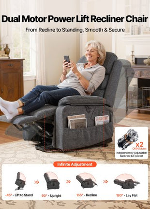 Power Lift Recliner Chair, Dual Motor Medium Lift Chair with Heat and Massage for Elderly, Position Adjustable, Remote Control, with Side Pockets, Chenille Fabric, Dark Gray