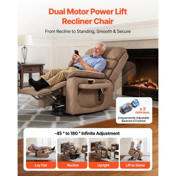 Power Lift Recliner Chair, Dual Motor, Medium Wide Electric Lift Chair with Heat and Massage for Elderly, Infinite Position Adjustment, Leather Surface, with Storage Pocket, Cup Holder, Brown