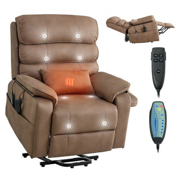 Power Lift Recliner Chair, Dual Motor, Medium Wide Electric Lift Chair with Heat and Massage for Elderly, Infinite Position Adjustment, Leather Surface, with Storage Pocket, Cup Holder, Brown