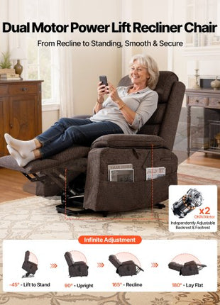 Power Lift Recliner Chair, Dual Motor Medium Lift Chair with Heat and Massage for Elderly, Position Adjustable, Remote Control, with Side Pockets, Chenille Fabric, Brown