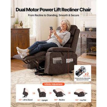 Power Lift Recliner Chair, Dual Motor Medium Lift Chair with Heat and Massage for Elderly, Position Adjustable, Remote Control, with Side Pockets, Chenille Fabric, Brown