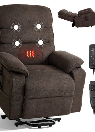 Power Lift Recliner Chair, Dual Motor Medium Lift Chair with Heat and Massage for Elderly, Position Adjustable, Remote Control, with Side Pockets, Chenille Fabric, Brown