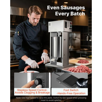 Electric Sausage Stuffer, 25 LBS / 12 L Vertical Meat Stuffer, Stepless Speed Control and Foot Pedal, Stainless Steel Heavy Duty Sausage Filler with 4 Stuffing Tubes, for Commercial & Home Use