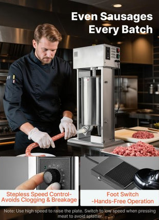 Electric Sausage Stuffer, 33 LBS / 15 L Vertical Meat Stuffer, Stepless Speed Control and Foot Pedal, Stainless Steel Heavy Duty Sausage Filler with 4 Stuffing Tubes, for Commercial & Home Use