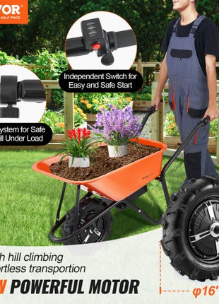 Electric Wheelbarrow Cart, 500W Powered Utility Garden Wagon Dump Cart, 5 Cu. Ft. Load & 330 lbs Capacity with Metal Handle & 16" Track Wheels, One Wheel Barrow Yard Cart & Wagons for Lawn Farm