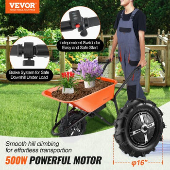 Electric Wheelbarrow Cart, 500W Powered Utility Garden Wagon Dump Cart, 5 Cu. Ft. Load & 330 lbs Capacity with Metal Handle & 16" Track Wheels, One Wheel Barrow Yard Cart & Wagons for Lawn Farm