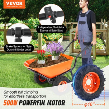 Electric Wheelbarrow Cart, 500W Powered Utility Garden Wagon Dump Cart, 7 Cu. Ft. Load & 573 lbs Capacity with Metal Handle & 16" Track Wheels, Two Wheel Barrow Yard Cart & Wagons for Lawn Farm