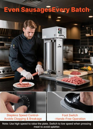 Electric Sausage Stuffer, 55 LBS / 25 L Vertical Meat Stuffer, Stepless Speed Control and Foot Pedal, Stainless Steel Heavy Duty Sausage Filler with 5 Stuffing Tubes, for Commercial & Home Use