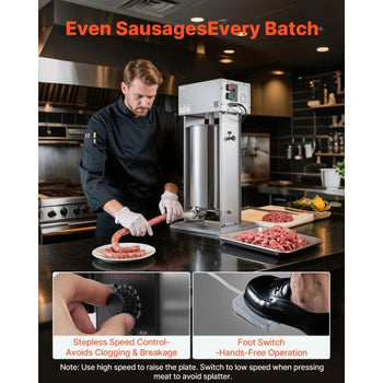 Electric Sausage Stuffer, 55 LBS / 25 L Vertical Meat Stuffer, Stepless Speed Control and Foot Pedal, Stainless Steel Heavy Duty Sausage Filler with 5 Stuffing Tubes, for Commercial & Home Use