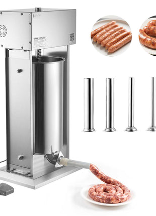 Electric Sausage Stuffer, 55 LBS / 25 L Vertical Meat Stuffer, Stepless Speed Control and Foot Pedal, Stainless Steel Heavy Duty Sausage Filler with 5 Stuffing Tubes, for Commercial & Home Use