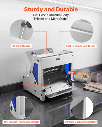 Electric Bread Slicer, 370W Bread Slicing Machine, Die-Cast Aluminum Countertop Bread Cutter Machine for 12mm Slice Thickness, Commercial & Home Use for Bakeries Restaurants, 120V
