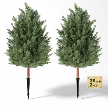 Artificial Topiary Cedar Bush 3 Ft Set of 2 Greenery Fake Shrubs, PE Faux Trees with Ground Spikes, Indoor & Outdoor Green Plant for Front Door, Entryway, Porch, Balcony, Patio, Garden