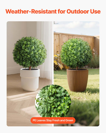 Artificial Topiary Boxwood Trees with Ground Spike, 22 inch 2 Set Faux Shrubs & Bushes Potted Plants, Fake Silk Tree Look Real for Decor Front Porch Outdoor Indoor Patio Garden Balcony Backyard