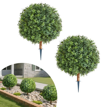 Artificial Topiary Boxwood Trees with Ground Spike, 22 inch 2 Set Faux Shrubs & Bushes Potted Plants, Fake Silk Tree Look Real for Decor Front Porch Outdoor Indoor Patio Garden Balcony Backyard