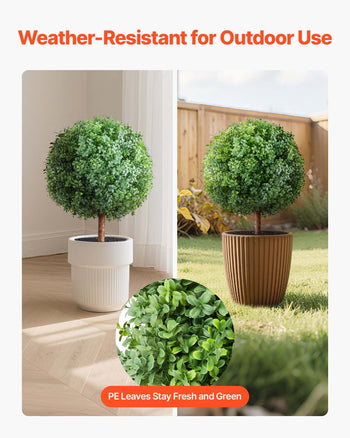 Artificial Topiary Boxwood Trees with Ground Spike, 27 inch 2 Set Faux Shrubs & Bushes Potted Plants, Fake Silk Tree Look Real for Decor Front Porch Outdoor Indoor Patio Garden Balcony Backyard