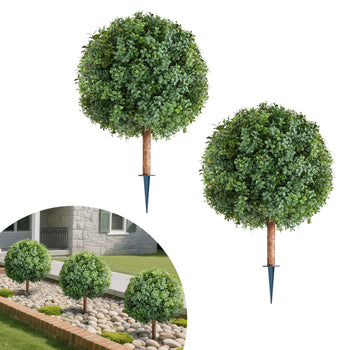 Artificial Topiary Boxwood Trees with Ground Spike, 27 inch 2 Set Faux Shrubs & Bushes Potted Plants, Fake Silk Tree Look Real for Decor Front Porch Outdoor Indoor Patio Garden Balcony Backyard