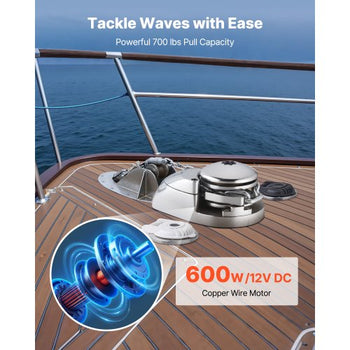 Vertical Fishing Windlass, 12V DC 1100W, Windlass Anchor Systems Fit for 1/4-Inch Chain or 9/16 & 5/8 Inch Nylon Rope, Max Pull 700 lbs, 316 Stainless Steel Construction, for Boats 20-36 ft