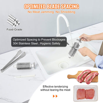 Food-grade 304 stainless steel meat tenderizer with optimized blade spacing for efficient, hygienic use in the kitchen.