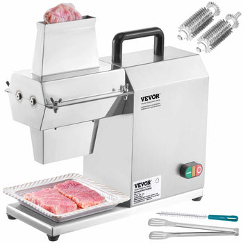Stainless steel meat tenderizer machine with black handle, includes two skewers and meat tray, ideal for home cooking.