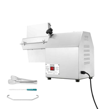 Stainless steel VEVOR electric meat slicer with adjustable thickness, includes slicing tools and cleaning brush, modern design.