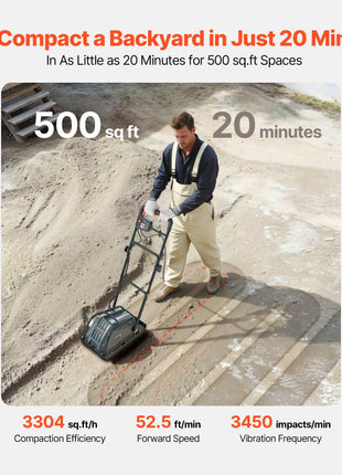 Plate Compactor, 130W Output Electric Ground Rammer, 5 kN Force, 3.9 in Depth, 16 m/min Speed, 3304 sq.ft/h Efficiency, Gas Powered Soil Compaction Machine for Driveway, Pavement, Landscaping