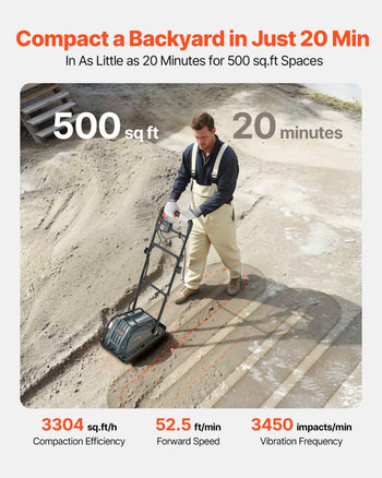 Plate Compactor, 130W Output Electric Ground Rammer, 5 kN Force, 3.9 in Depth, 16 m/min Speed, 3304 sq.ft/h Efficiency, Gas Powered Soil Compaction Machine for Driveway, Pavement, Landscaping