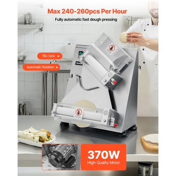 Pizza Dough Roller Sheeter, 3-14 Inch Automatic Stainless Steel Pizza Press, Commercial Electric 370W Pasta Maker Machine, 260 pcs Per Hour, Adjustable Thickness, with Dough Press Lid