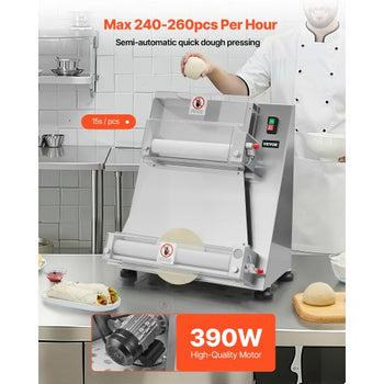 Pizza Dough Roller Sheeter, 3-16 Inch Semi-automatic Stainless Steel Pizza Press, Commercial Electric 390W Pasta Maker Machine, 260 pcs Per Hour, Adjustable Thickness, with Dough Press Lid