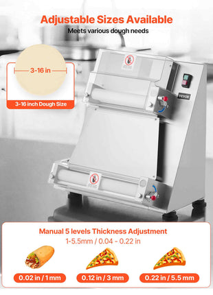 Pizza Dough Roller Sheeter, 3-16 Inch Semi-automatic Stainless Steel Pizza Press, Commercial Electric 390W Pasta Maker Machine, 260 pcs Per Hour, Adjustable Thickness, with Dough Press Lid