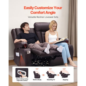 Loveseat Recliner Sofa, Power Reclining Couch with Heating & Massage and Timer, PU Leather Electric Recliner Sofa with USB Ports, Cup Holders and Side Bags, Dual Loveseat Chair for Living Room