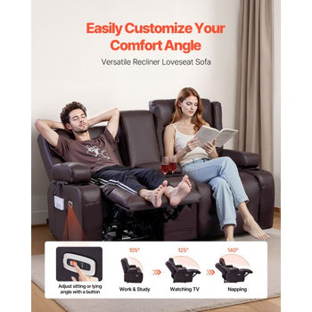 Loveseat Recliner Sofa, Power Reclining Couch with Heating & Massage and Timer, PU Leather Electric Recliner Sofa with Center Console, USB Ports, Cup Holders and Side Bags for Living Room