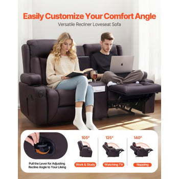 Loveseat Recliner Sofa, Manual Reclining Couch with Center Console, PU Faux Leather Recliner Sofa with USB Ports, Cup Holders and Storage Bags, Dual Loveseat Chair for Living Room/RV, Brown
