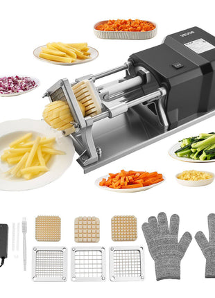 Commercial French Fry Cutter, Stainless Steel Vegetable Fruit Chopper with 3 Replacement Blades 1/2-Inch 3/8-Inch 1/4-Inch, Electric Potato Slicer Dicer for Restaurants & Home Kitchen