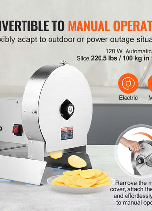 Electric Vegetable Slicer, 0-0.5"/0-12mm Thickness Adjustable Commercial Slicer Machine, Convertible to Manual, Stainless Steel Food Cutter Slicing Machine, for Potato, Lemon, Tomato, Apple