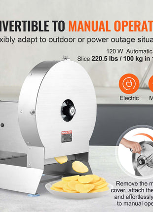 Electric Vegetable Slicer, 0-0.5"/0-12mm Thickness Adjustable Commercial Slicer Machine, Convertible to Manual, Stainless Steel Food Cutter Slicing Machine, Large Feed Port for Potato, Tomato