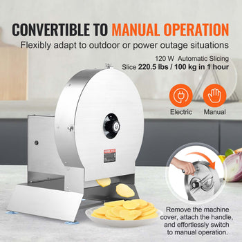 Electric Vegetable Slicer, 0-0.5"/0-12mm Thickness Adjustable Commercial Slicer Machine, Convertible to Manual, Stainless Steel Food Cutter Slicing Machine, Large Feed Port for Potato, Tomato