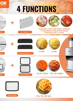 Electric Vegetable Slicer, 4 in 1 Multifunctional Food Cutter, 200W Vegetable Chopper for Slicing Shredding Dicing and Slitting, with Cut-Resistant Gloves, for Commercial and Home Use