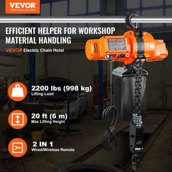 Electric Chain Hoist, 2200 lbs Load, 20 ft Lifting Height, 6.9 ft/min Speed, 120V, Single Phase Overhead Crane with Chain, 328 ft Wireless & 15 ft Wired Remote Control for Garage, Shop, and Home