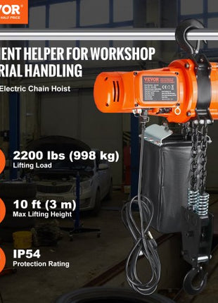 Electric Chain Hoist, 2200 lbs Load Capacity, 10 ft Lifting Height, 6.9 ft/min Speed, 120V, Single Phase Overhead Crane with Chain, 10 ft Wired Remote Control for Garage, Shop, Hotel, and Home