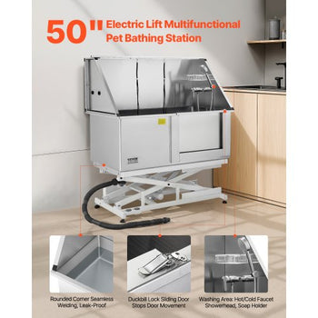 Electric Lift Dog Washing Station, 50Inch Professional Stainless Steel Pet Grooming Tub w/ Non-Slip Drain Board,Faucet & Showerhead for Home & Grooming Shop,Fits Medium & Large Pets (Right Door)
