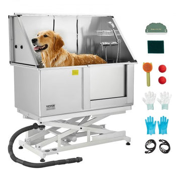 Electric Lift Dog Washing Station, 50Inch Professional Stainless Steel Pet Grooming Tub w/ Non-Slip Drain Board,Faucet & Showerhead for Home & Grooming Shop,Fits Medium & Large Pets (Right Door)