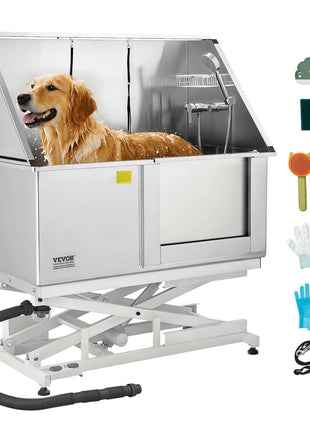 Electric Lift Dog Washing Station, 50Inch Professional Stainless Steel Pet Grooming Tub w/ Non-Slip Drain Board,Faucet & Showerhead for Home & Grooming Shop,Fits Medium & Large Pets (Right Door)