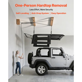 Hard Top Remover Lift, 220 lbs, Jeep Hardtop Removal Storage Roof Hoist with Anti-Drop System, Easy One-Person Operation, Supports 8-16 in Ceiling, for 2-Door & 4-Door Jeep Wrangler JK JL & Ford