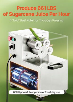 Commercial Sugar Cane Juicer, 800W Electric Sugarcane Juicer Machine with 661LBS/H High Output, 4 Stainless Steel Rollers, Sugar Cane Press Juice Extractor Squeezer for Home/Commercial Use