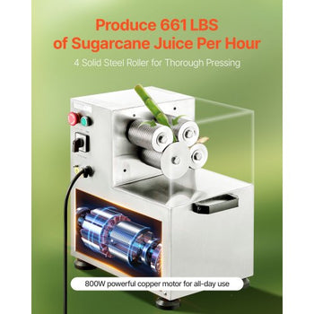 Commercial Sugar Cane Juicer, 800W Electric Sugarcane Juicer Machine with 661LBS/H High Output, 4 Stainless Steel Rollers, Sugar Cane Press Juice Extractor Squeezer for Home/Commercial Use