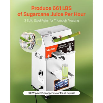 Commercial Sugar Cane Juicer, 800W Electric Sugarcane Juicer Machine with 661LBS/H High Output, 3 Stainless Steel Rollers, Sugar Cane Press Juice Extractor Squeezer on Wheels for Home/Commercial