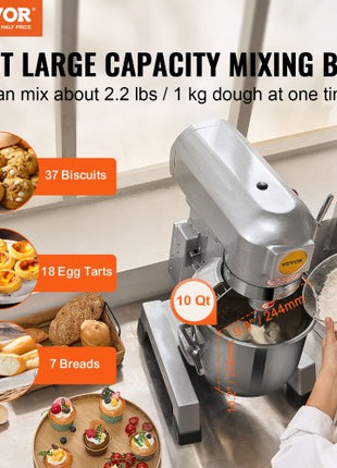 Commercial Food Mixer, 10Qt Commercial Mixer with Timing Function, 450W Stainless Steel Bowl Heavy Duty Electric Food Mixer Commercial with 3 Speeds Adjustable 113/184/341 RPM, Dough Hook Whisk