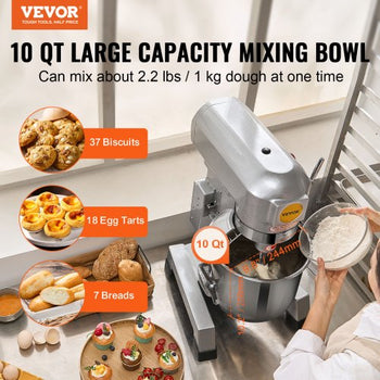 Commercial Food Mixer, 10Qt Commercial Mixer with Timing Function, 450W Stainless Steel Bowl Heavy Duty Electric Food Mixer Commercial with 3 Speeds Adjustable 113/184/341 RPM, Dough Hook Whisk